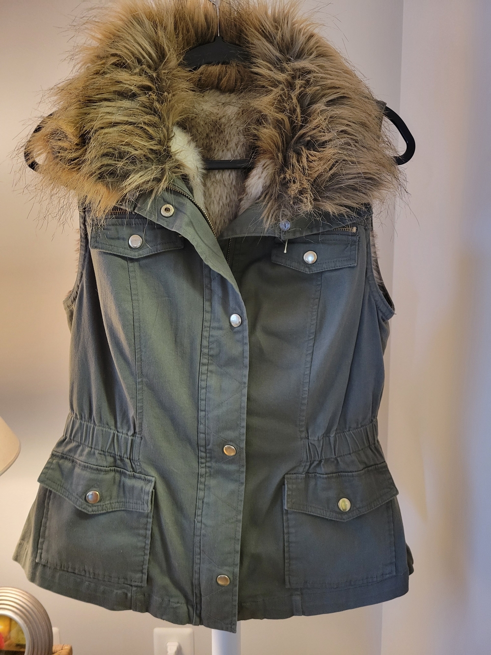 INC International Concepts Olive Green Hooded Utility Vest with Faux Fur Trim